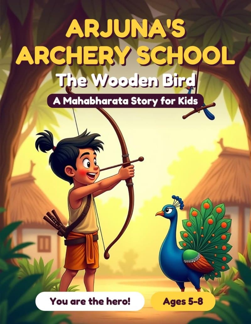 Arjuna's Archery School paperback cover: a young archer draws his bow beside a peacock, a wooden bird hanging in the tree above.