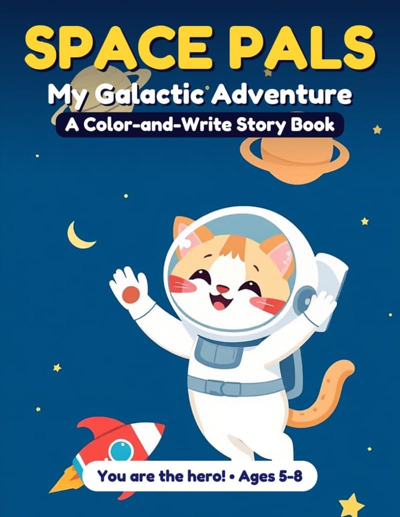 Space Pals paperback cover: a cat astronaut, a bunny and a small robot float beside a red rocket above the moon.